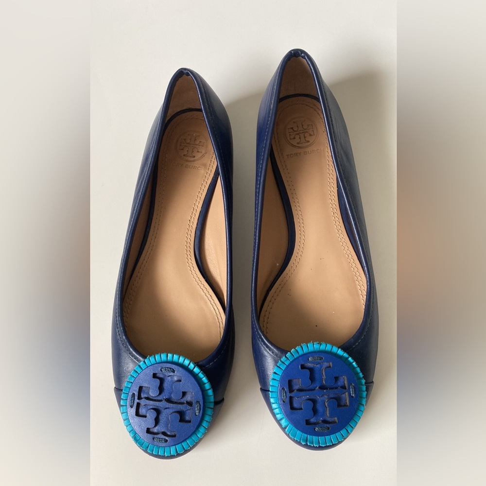 Tory Burch Miller Fringe Logo Appliqué Leather Navy Blue Flats Ballet Collegiate
